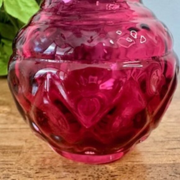 Vintage Cranberry Glass Ruffled Vase Diamond Heart Motif Elegant Red Art Glass - Picture 2 of 7